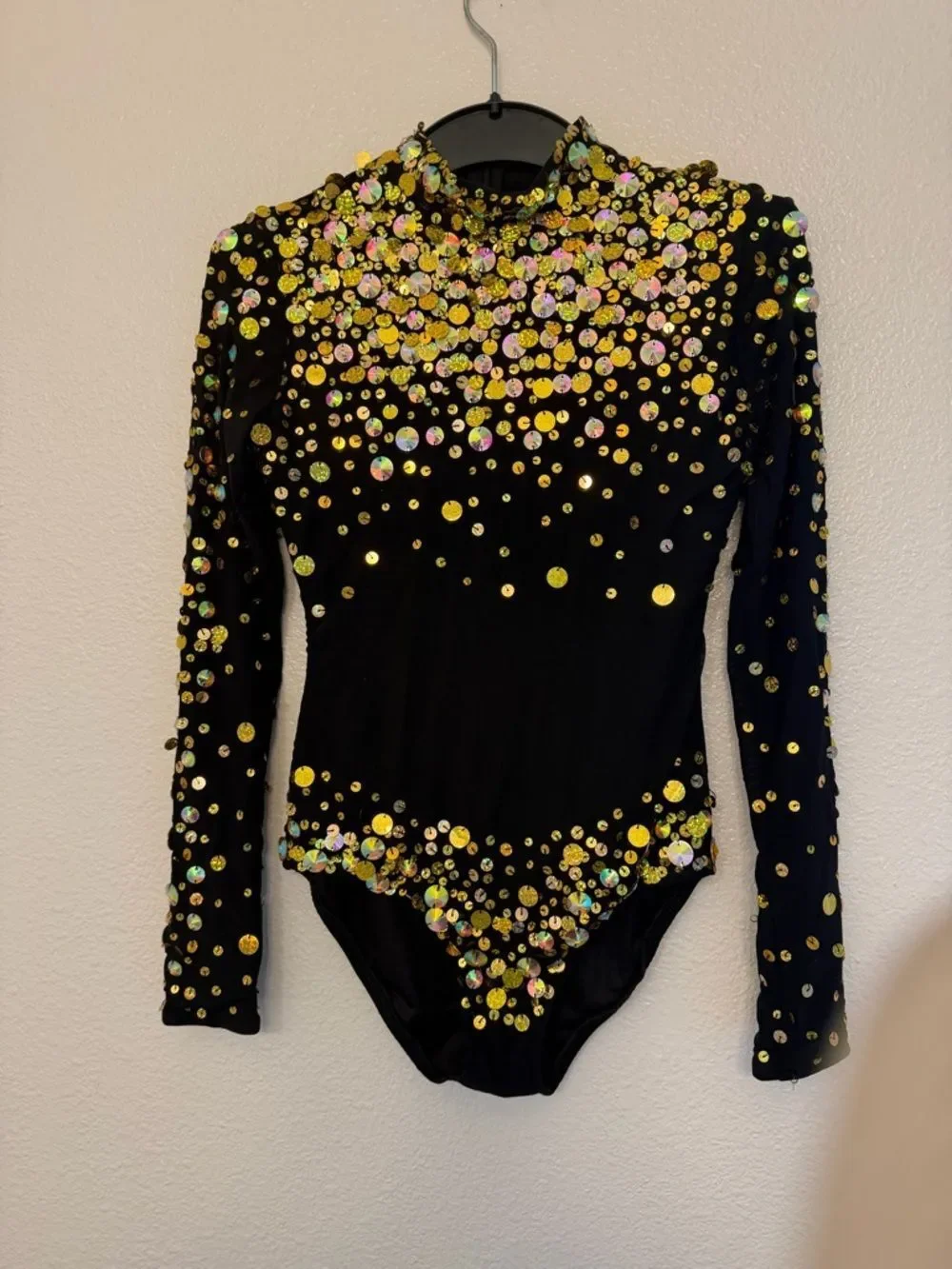 Glamour dance costume black gold mesh sequin gem long sleeve leotard-Adult SA